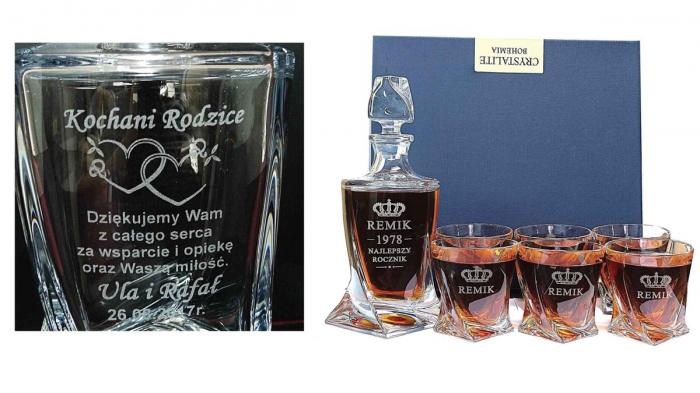Zobacz karafki z grawerem i personalizowane zestawy do whisky: